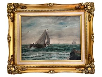 Antique Oil On Board Of Sailboats Appears To Be Unsigned, Old Boston Ma Label On Back  (#26 , 2nd Fl Office)