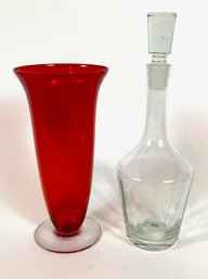 Vintage Tall Red Blown Glass Footed Vase And Etched Clear Glass Decanter