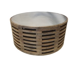 Pier 1 Wood Slat Round Coffee Table With Mirrored Top - Made In India