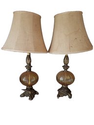 Pair Of Vintage Mid-Century Amber Glass & Brass Table Lamps