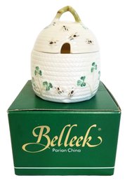 RARE Vintage Belleek Pottery Shamrock Patian China Honey Pot & Lid Ireland - Original Box