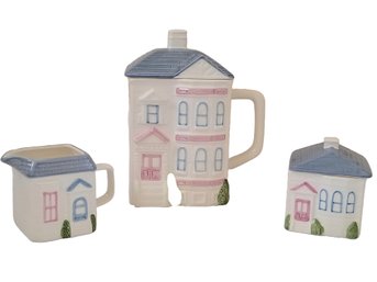 Adorable Vintage 1988 Home & Hearth Designs Victorian Home Teapot, Sugar Bowl & Creamer