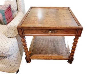 Vintage MCM Oak Barley Twist Side Table With Burl Top With Lower Rattan Shelf