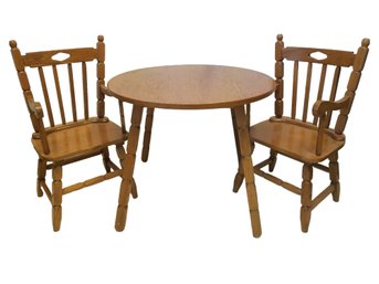 Vintage Children's Round Wooden Table & Two Chairs Set