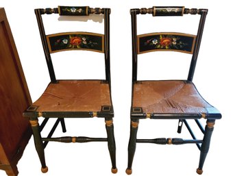 Set Of Two Vintage Hitchcock Black Painted Wood Side Chairs With Floral Stenciling & Woven Rush Seat