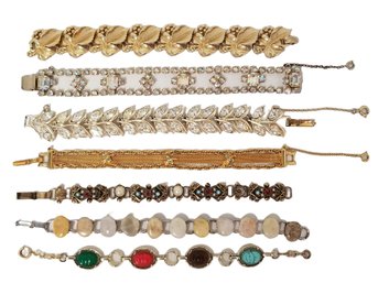 7 Textured, Rhinestone & Beaded Clasp Bracelets: FEATURING A Mid Century Coro Rhinestone Leaves Bracelet