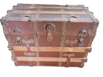 Antique  Wood & Leather Travel Trunk With Wheels