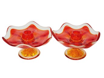 Pair Of Vintage Amberina Viking Glass 6-petal Candlestick Holders