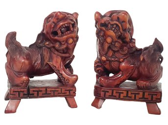 Two Vintage Wooden Carved Chinese Foo Dog Figurines