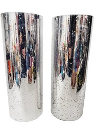 Pair Of Mercury Glass Cylinder 16' Tall Vases