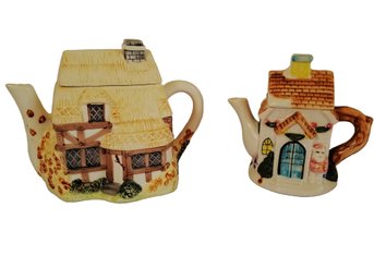 Vintage Porcelain Christmas Snow Covered Church Teapot & Ceramic Country Cottage Teapot