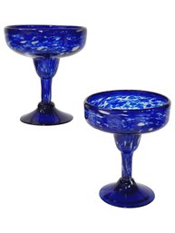2 Blue Cobalt Blue Hand Blown Swirl Confetti Mexican Martini Margarita Glasses
