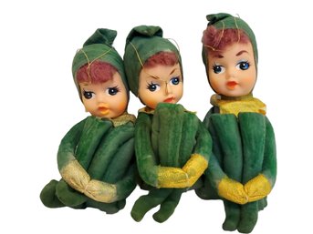 Three Vintage Large 1960s Pixie Elf Green Knee Hugging Holiday Elves Dolls Made In Japan