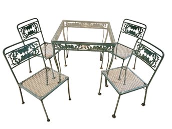 Vintage Green Painted Wrought Iron Glass Topped Table Set With Four Chairs - Fruit & Floral Motif
