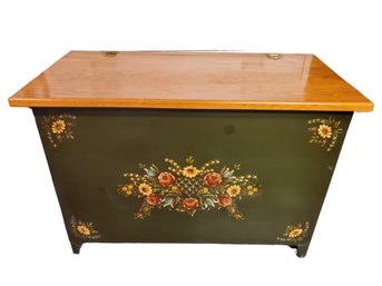 1993 Handmade & Floral Hand Painted Flip Lid Wood Storage Blanket Trunk Chest