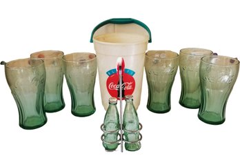 Vintage 6' Tall Clear Green Glass 16 Oz Coca-Cola Glasses  & Large 8' Tll Plastic Coca-cola Big Bucket