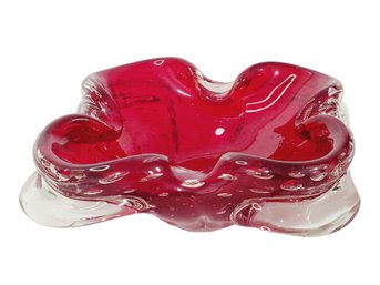 Vintage Red & Clear Murano Bubble Art Glass Ashtray