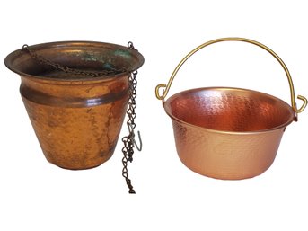 Vintage Hammered Copper Small Handled Bucket & Hanging Planter - Alford Co Inc