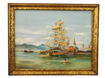 Antique Wood Framed Nautical Tall Ship Oil On Canvas Signed V. Bohm