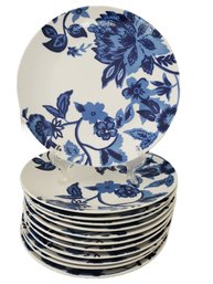 Twelve Cobalt Blue & White Floral Pattern Dinner Plates