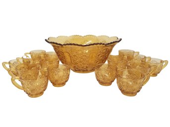 Vintage Amber Punch Bowl With 18 Cups