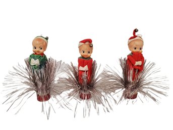 Three Adorable Vintage MCM Knee Hugging Christmas Elves With Cascading Tinsel Tree Ornaments
