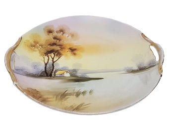 Antique Nippon Japan Hand Painted Handled Cake Plate - Cottage On Lake Scene