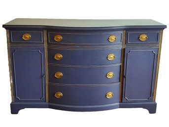 Vintage Newly Updated Paint In Navy Blue With Gold Accents Wood Sideboard