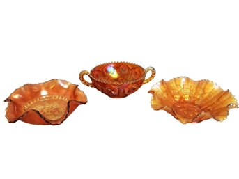 Lovely Trio Of Vintage Amber Marigold Carnival Glass Ruffled Candy Bowls & Sawtooth Candy Bowl With Handles