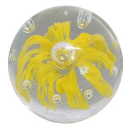 Vintage Pretty Art Glass 3D Yellow Flower & Bubbles Paperweight