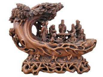 Vintage Chinese Immortals Faux Cinnabar Red Resin Statue Boat Tree Intricate