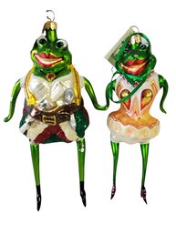 Two Slavic Treasures Mouth Blown Handpainted Collectible Frog Christmas Ornaments(Lot BB)