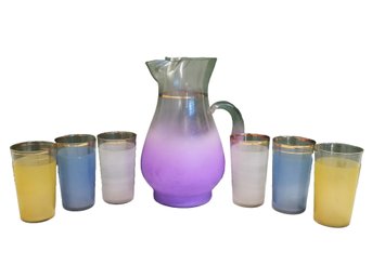 MCM Blendo Colorful West Virginia Gold Rim Frosted Pitcher And Glass Set