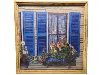 Large Vintage Signed Heinrich Harry Pfeiffer Oil Painting On Canvas Blue Shutters & Window Boxes With Flowers