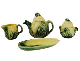 Vintage 1950's Stanford Pottery Corncob Corn Design Teapot, Creamer & Sugar Bowl And Plate