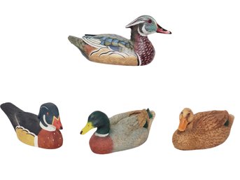 Four Assorted Carved Miniature Duck Decoy Figurines - Wood & Resin - Castagna, Signed Jennings Decoy Co