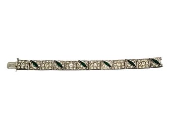 Unique Vintage Art Deco Filigree Silver Tone Bracelet With Green & Clear Gemstones