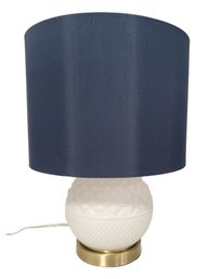 White Milk Glass Table Lamp With Navy Blue Fabric Shade - Works!