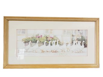 Framed 1983 Daluna Barton Pencil Signed Lithograph Print - Geese In A Courtyard