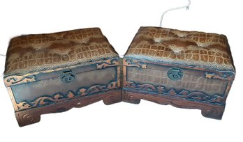 Two Tufted Faux Leather & Wood Foot Rests Ottomans, Storage Boxes