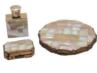 Trio Of Vintage Mother Of Pearl Including Stratton - Ladies Perfume Bottle, Pill Box & Powder Compact