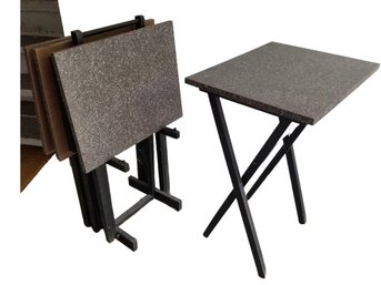 Set Of Four Granite Look Wood Folding TV Tray Tables