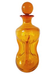 Vintage MCM Blown Orange Art Glass Pinch Dimple Decanter