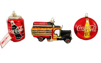 Vintage Kurt Adler Coca-Cola Polonaise Colletible 3 Piece Blown Glass Ornament Set - With Wood Box (lot 15)