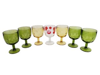 Seven Vintage Thumbprint Goblet Glasses - Green, Amber & Multi Color Polka Dot
