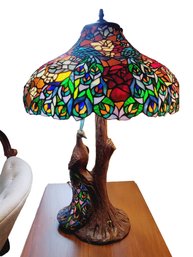 Dramatic Vintage Tiffany Style Stained Glass Peacock Lamp