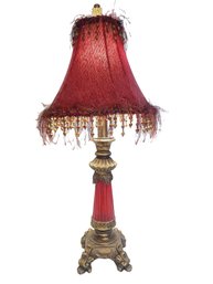 Pretty Crimson Fringed & Beaded Lampshade Cast Antiqued Brass Table Lamp