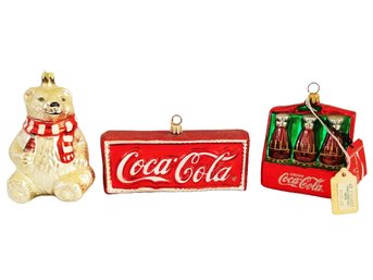 Vintage Kurt Adler Coca-Cola Polonaise Colletible 3 Piece Glass Ornament Set -wooden Box Included (lot 14)