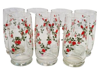 Vintage Set Of Seven Red Rose Floral 16oz Anchor Hocking Drinking Glasses