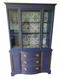 Vintage Handpainted In Navy Blue With Gold Accents Wood & Glass China Cabinet Hutch